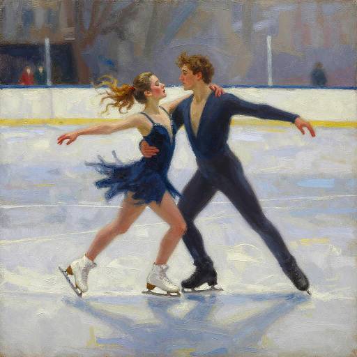 Impressionistic painting of a romantic ice dance: a woman in a blue dress and white skates, a man in a black suit, both gracefully