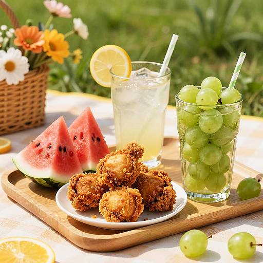 Summer Picnic Tray with Fried Chicken and Fresh Fruits