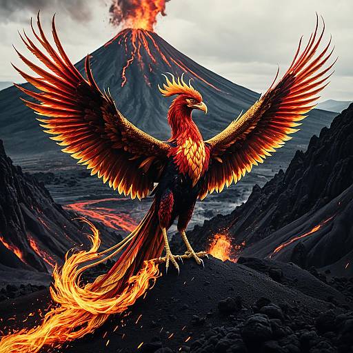 Fiery Phoenix on Volcanic Landscape