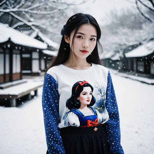 Young Woman in Snow with Snow White Sweater