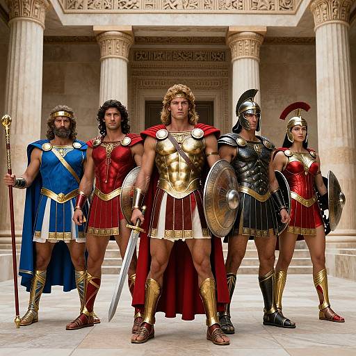 Photograph of five muscular, ancient Greek warriors in colorful armor, standing in front of a classical stone colonnade, holding swords and shields.