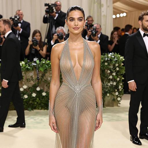 Elegant Woman at Gala in Silver Sheer Gown