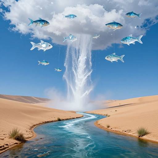 Digital artwork of fish falling from a white waterfall in a bright blue sky, over a winding blue river in a desert landscape with sand dunes and sparse