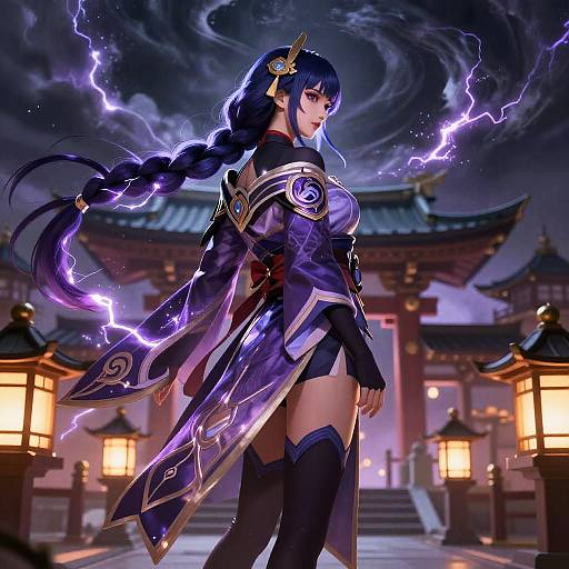 Digital art of a powerful, purple-haired woman with braided hair, glowing purple armor, and lightning bolts, standing in front of a traditional Japanese temple