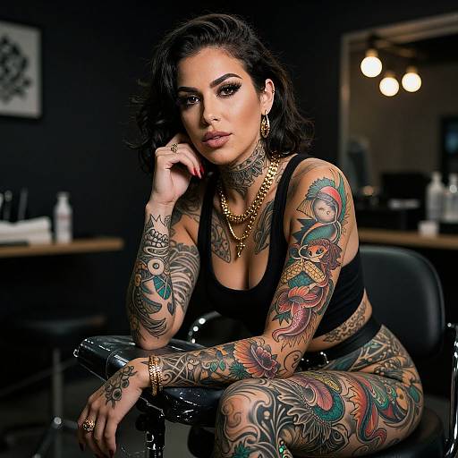 Photograph of heavily tattooed woman with dark hair, wearing black tank top and gold jewelry, seated in dimly lit tattoo studio.