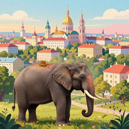 Digital illustration of a gray elephant with white tusks standing on a grassy hill, with colorful, detailed cityscape and churches in the background. Bright