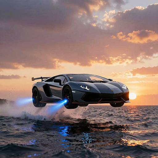 Photorealistic CGI of a sleek, black Lamborghini Aventador with glowing blue exhausts, flying over a turbulent ocean at sunset.