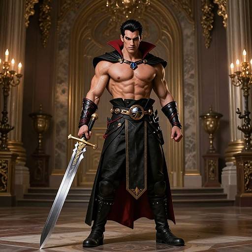 Muscular, shirtless warrior with dark hair, black cape, and sword stands in ornate, candlelit hall, exuding strength and power.