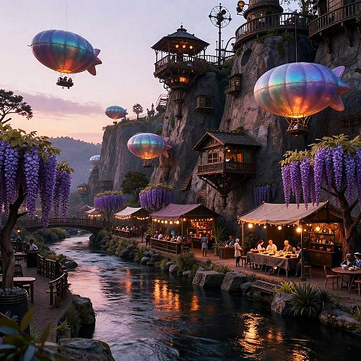 Iridescent Dirigibles Over Cliffside Wisteria Bazaar