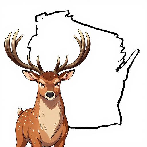 Digital drawing of a brown deer with large antlers, standing in front of a black, irregularly shaped outline on a white background.