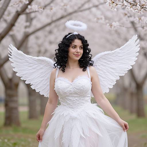 Photograph of a curly-haired woman with pale skin, wearing a white feathered angel dress and wings, halo, standing in a cherry blossom tree-lined
