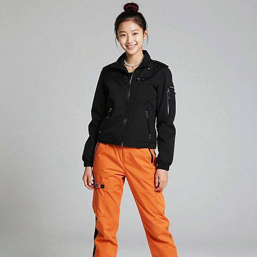 Teenage Girl in Black Techwear Jacket and Orange Trousers
