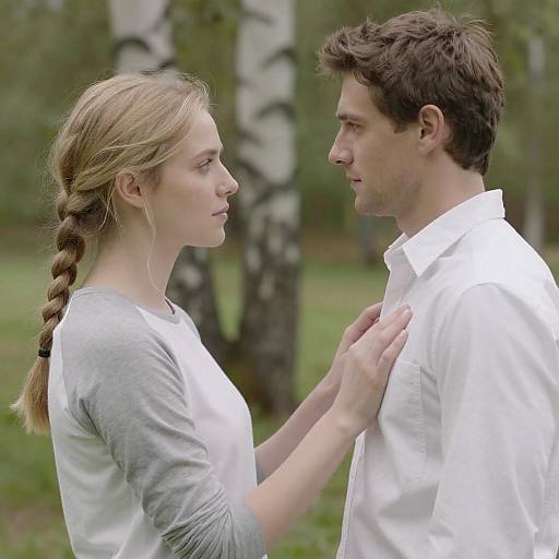 Couple Gazing Outdoors Near Birch Trees