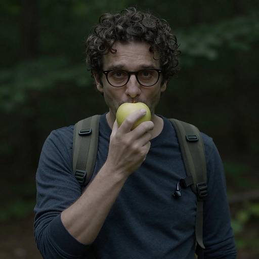 Playful Middle-Aged Man with Apple in Forest