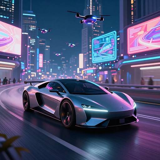Neon-lit city night: sleek, silver Lamborghini speeding on a curving road with three drones flying overhead, vibrant digital billboards in background