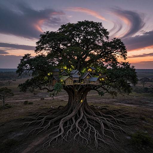 Photograph of a towering tree with a whimsical, lit house nestled in its branches, set against a dramatic, colorful sunset sky.