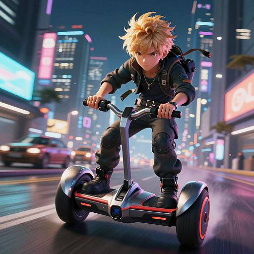 Digital artwork of a blonde, anime-style boy with intense expression riding a sleek, black hoverboard through a neon-lit, futuristic city street.