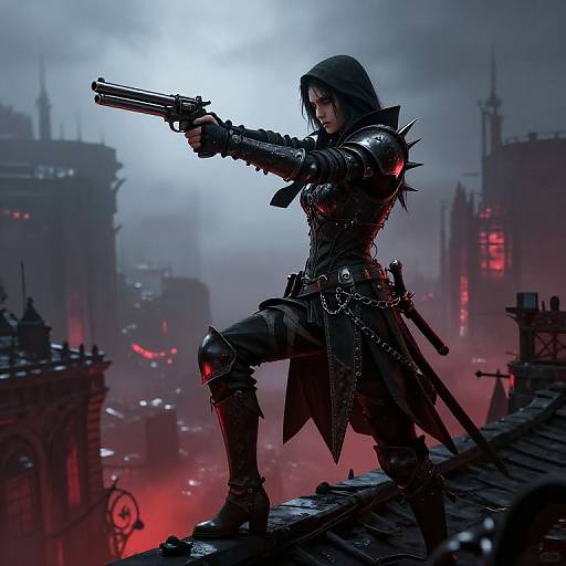 Cyberpunk woman in black leather armor, hooded, aiming gun, standing on rooftop, foggy cityscape with red lights, gothic architecture