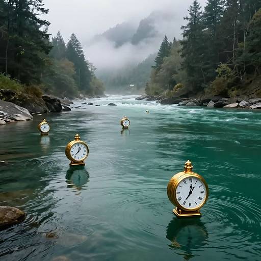 Photograph of five gold antique clocks submerged in a misty, turquoise river, surrounded by dense, dark green forest and rocky banks.