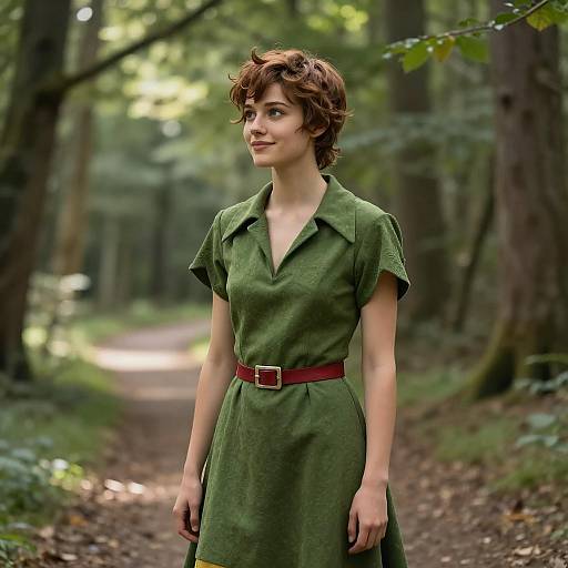 Young Woman in Green Medieval-Style Dress in Forest