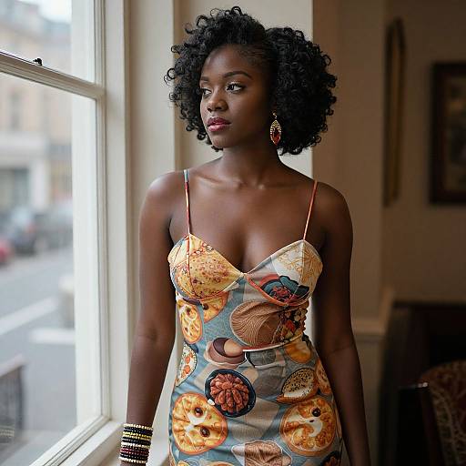 Photograph of a beautiful Black woman with curly hair, wearing a colorful, floral-patterned, strapless dress, standing by a sunlit window.