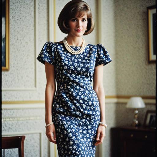 1980s Woman in Floral Sheath Dress and Pearls