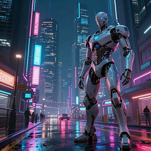Cyberpunk cityscape at night with glowing neon signs, a tall, white, humanoid robot standing on a wet, reflective street.