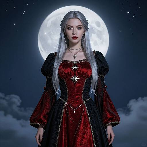 Digital artwork of a pale-skinned, silver-haired woman with red velvet dress, black lace trim, star necklace, and cross pendant, standing before a