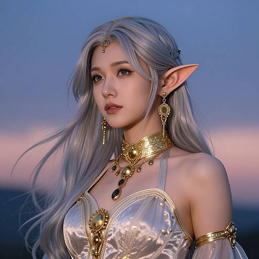 Digital fantasy portrait of an elf woman with long silver hair, pointed ears, golden jewelry, and a shimmering silver dress against a twilight sky.