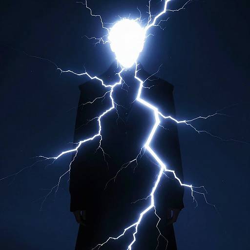 Silhouetted figure with bright, jagged white lightning bolts emanating from the head against a dark blue background, creating a dramatic, electrifying