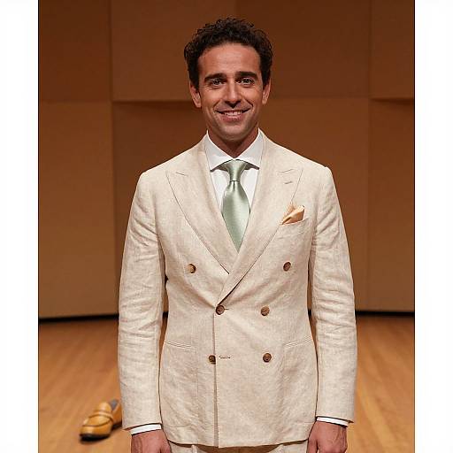 Man in Beige Linen Suit on Warm Stage