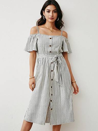 Woman in Off-Shoulder Striped Midi Dress