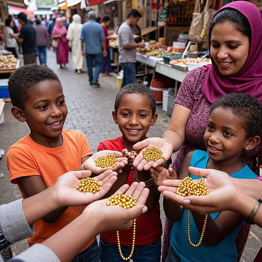 Photograph of a smiling African woman in a pink hijab handing small yellow beads to three smiling African boys in an outdoor market. Vibrant colors,
