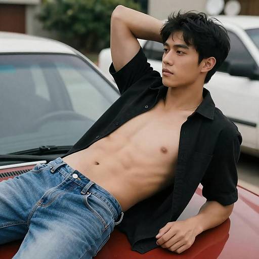 Young Man Posing on Red Car Hood