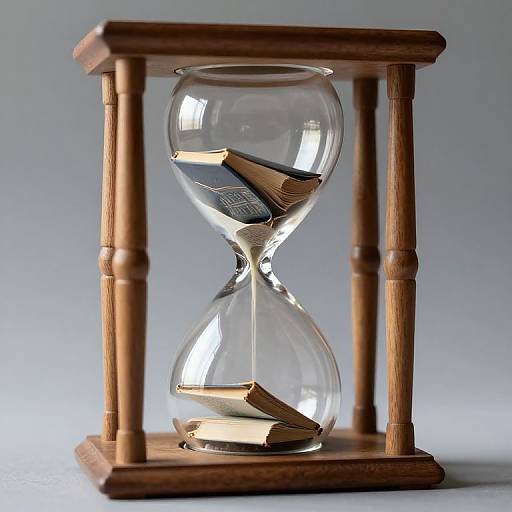 Photograph of a wooden hourglass with glass bulbs containing scattered open books, standing against a gradient gray background.