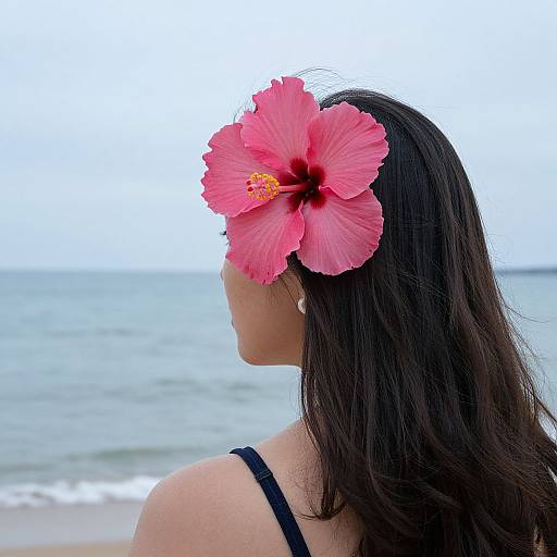 Photograph of a woman with dark hair, wearing a black strap top, facing ocean; large pink hibiscus flower in her hair.