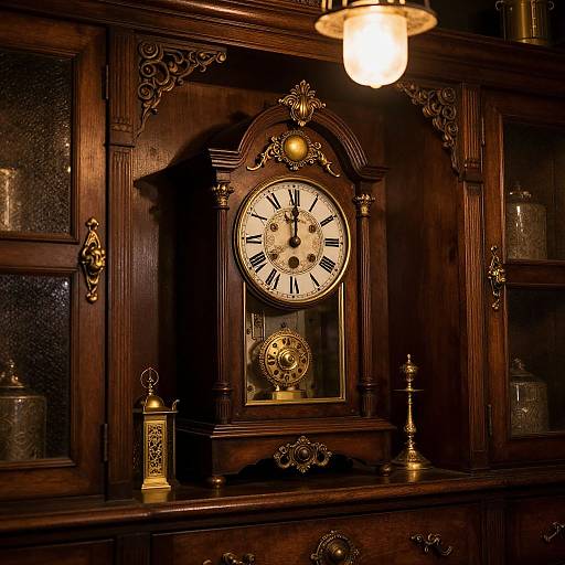 Antique wooden clock with ornate gold details, black Roman numerals, and glass-fronted cabinets, illuminated by a hanging lamp.