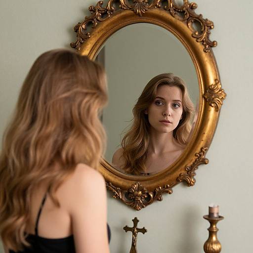 Photograph: Young woman with wavy brown hair stands before an ornate, gold-framed oval mirror, reflecting her thoughtful expression. Background includes a