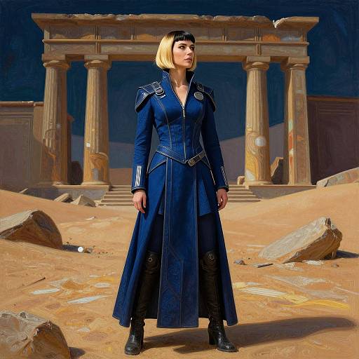 Digital artwork of a blonde woman in a dark blue, long-sleeved, military-style coat standing in front of ancient, weathered columns in a