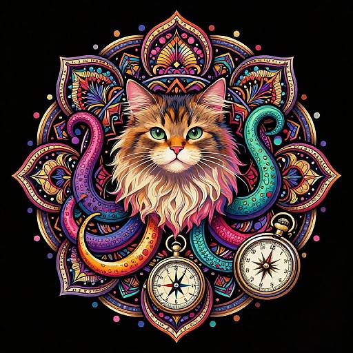 Vibrant digital artwork of a fluffy orange tabby cat with green eyes, surrounded by colorful mandala patterns, intertwined tentacles, and two clock