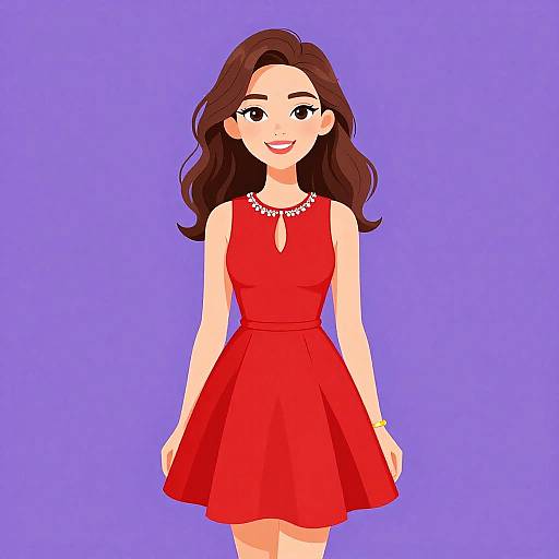 Digital illustration of a smiling woman with long brown hair, wearing a red sleeveless dress with a keyhole neckline, against a purple background.