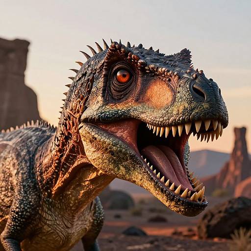 CGI dinosaur with detailed, textured scales and sharp teeth, roaring in a desert landscape with sunlit rocky formations in the background.