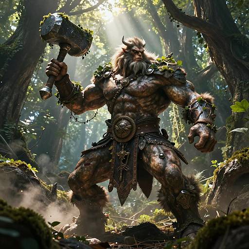 CGI fantasy artwork of a muscular, bearded, horned ogre warrior with moss-covered armor and a large hammer, standing in a sunlit
