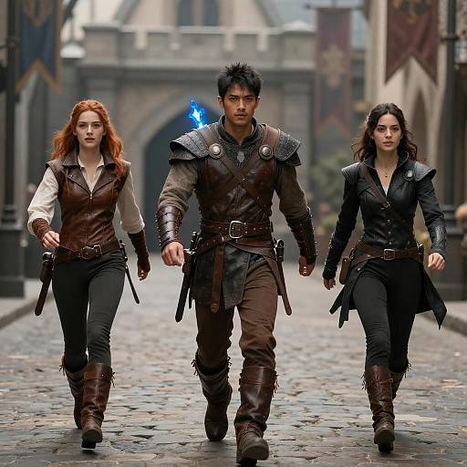 Dynamic Trio in Medieval Adventure Scene