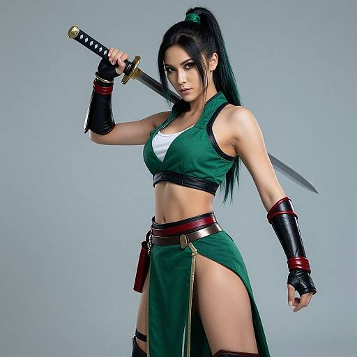 Digital artwork of a fierce, muscular Asian woman with long black hair in a ponytail, wearing a green martial arts outfit, holding a katana,