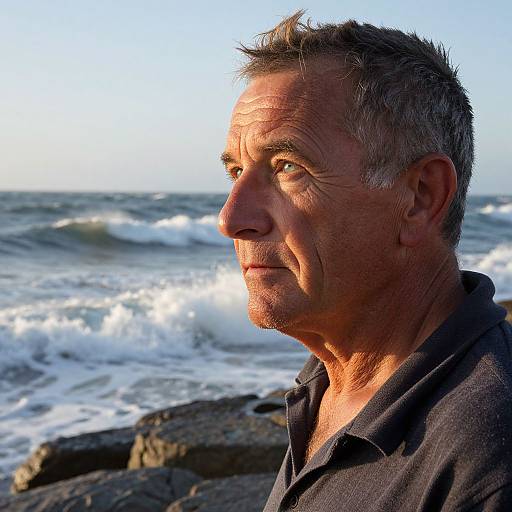 Photograph of a middle-aged man with gray hair, weathered face, and slight smile, wearing a dark shirt, standing by a rocky ocean shore