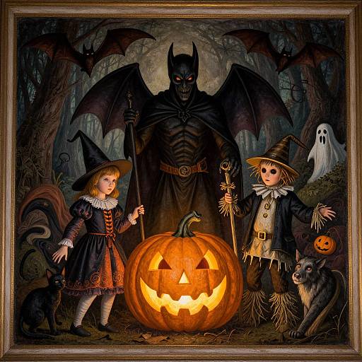 Digital painting: Two children in Halloween costumes, holding staffs, stand beside a carved pumpkin. A dark, bat-winged figure looms behind,
