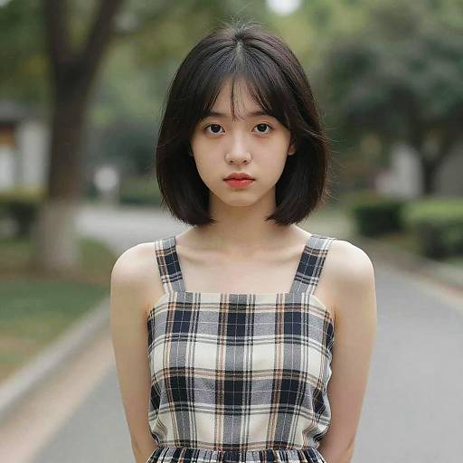 Photograph of an East Asian woman with shoulder-length black hair, wearing a black-and-white plaid sleeveless dress, standing on a suburban street with