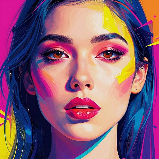 Digital pop-art portrait of a woman with vibrant pink and yellow makeup, dark blue hair, and bold red lips, set against a neon pink and yellow