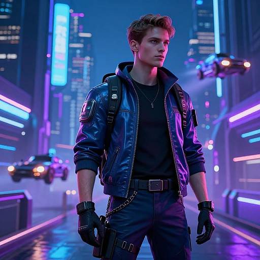 Digital art of a handsome, serious young man in a neon-lit cyberpunk city, wearing a black leather jacket, gloves, and black pants,